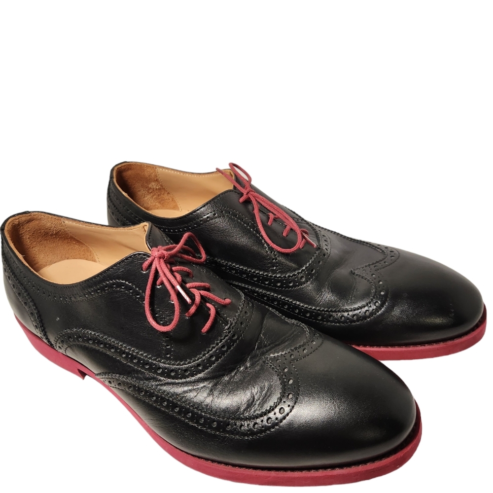 Men's Kabaccha Size 10.5 Brogue Wingtip Black & Red Leather Shoes Made In Italy